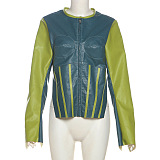 SUPER WHOLESALE | Color-blocking Crop Zipper Top with Round Neck Stylish Jacket