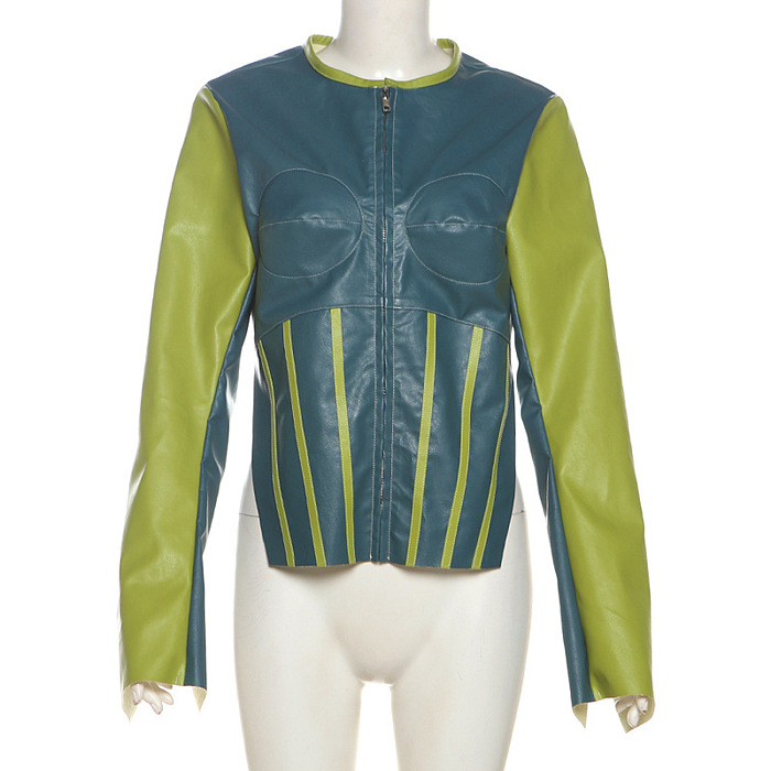 SUPER WHOLESALE | Color-blocking Crop Zipper Top with Round Neck Stylish Jacket