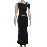 SUPER WHOLESALE | Slim Fit Backless T-Shirt Top and Solid Color Mermaid Bodycon Skirt Set
