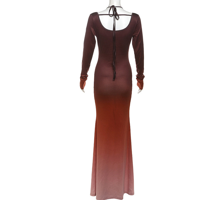 SUPER WHOLESALE |Halter Crop Top and Long-Sleeve Hollow-Out Maxi Skirt Set