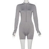 SUPER WHOLESALE |Slim Fit Zipper Long-Sleeve Solid Color Hip-Lifting Romper Shorts