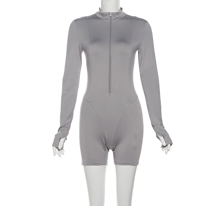 SUPER WHOLESALE |Slim Fit Zipper Long-Sleeve Solid Color Hip-Lifting Romper Shorts