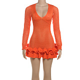 SUPER WHOLESALE |V-Neck Slim-Fit Long Sleeve Dress with Ruffle Edge and Bodycon Mini Skirt
