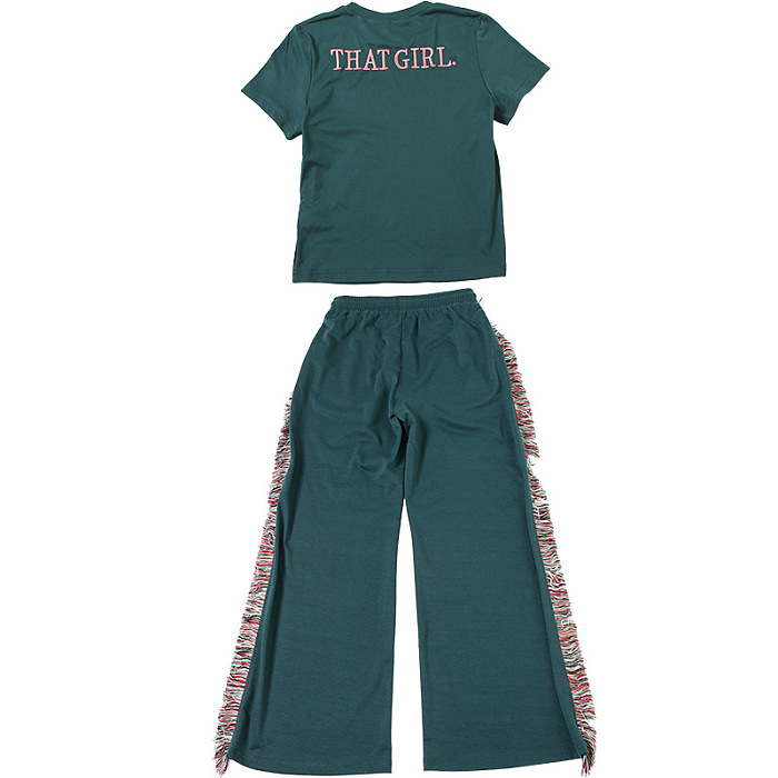 SUPER WHOLESALE | Round-neck embroidered short-sleeve T-shirt with high-waisted colorful fringe casual pants