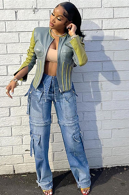 SUPER WHOLESALE | Color-blocking Crop Zipper Top with Round Neck Stylish Jacket