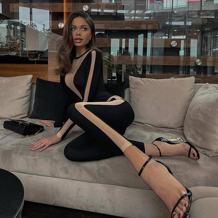 SUPER WHOLESALE | Sheer Round Neck Long Sleeve High-Waist Slim-Fit Jumpsuit