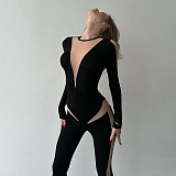 SUPER WHOLESALE | Sheer Round Neck Long Sleeve High-Waist Slim-Fit Jumpsuit