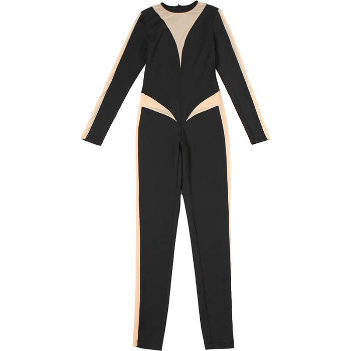 SUPER WHOLESALE | Sheer Round Neck Long Sleeve High-Waist Slim-Fit Jumpsuit