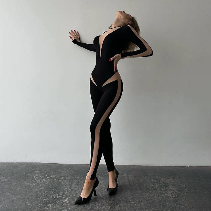 SUPER WHOLESALE | Sheer Round Neck Long Sleeve High-Waist Slim-Fit Jumpsuit