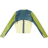 SUPER WHOLESALE | Color-blocking Crop Zipper Top with Round Neck Stylish Jacket
