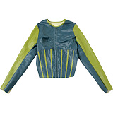 SUPER WHOLESALE | Color-blocking Crop Zipper Top with Round Neck Stylish Jacket