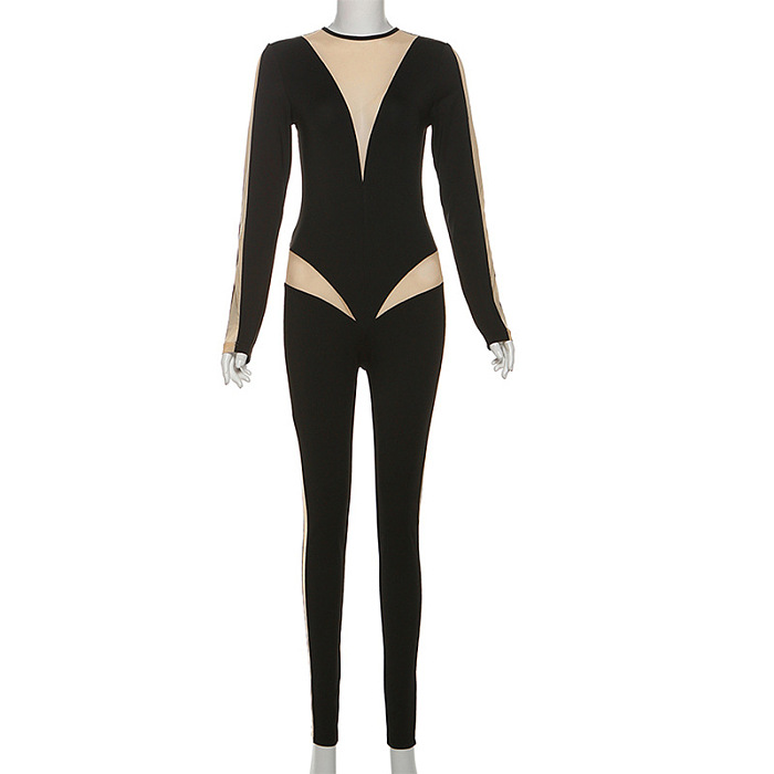 SUPER WHOLESALE | Sheer Round Neck Long Sleeve High-Waist Slim-Fit Jumpsuit
