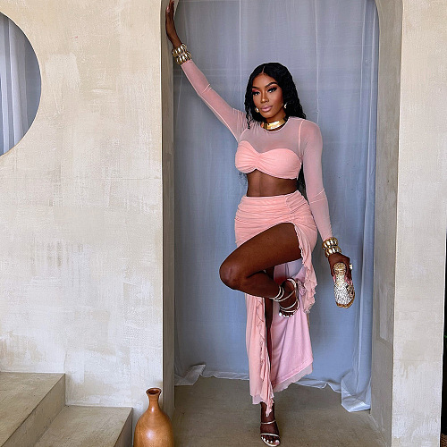 SUPER WHOLESALE | Sheer Mesh Cut-Out Long-Sleeve Maxi Dress with Midriff-Baring Design and Double-Layer Lining Two-Piece Set