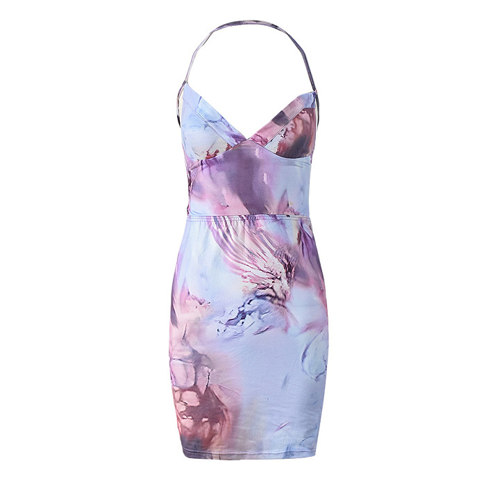 SUPER WHOLESALE | Sexy Spaghetti Strap Dress – Cut-Out Color Block Print V-Neck Tie-Waist Slimming Bodycon Dress