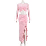 SUPER WHOLESALE | Sheer Mesh Cut-Out Long-Sleeve Maxi Dress with Midriff-Baring Design and Double-Layer Lining Two-Piece Set