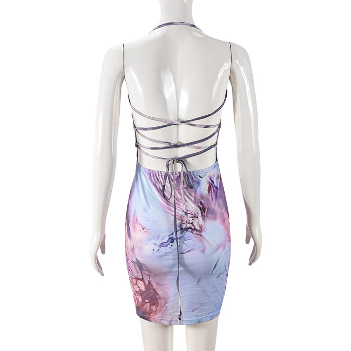 SUPER WHOLESALE | Sexy Spaghetti Strap Dress – Cut-Out Color Block Print V-Neck Tie-Waist Slimming Bodycon Dress