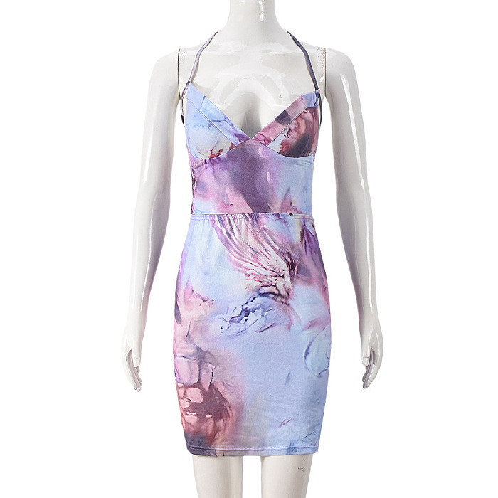 SUPER WHOLESALE | Sexy Spaghetti Strap Dress – Cut-Out Color Block Print V-Neck Tie-Waist Slimming Bodycon Dress