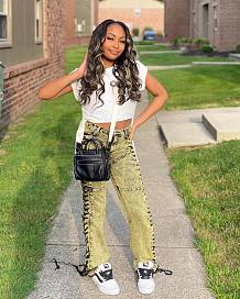 SUPER WHOLESALE |  SUPER WHOLESALE | Side Lace Up Jeans Green