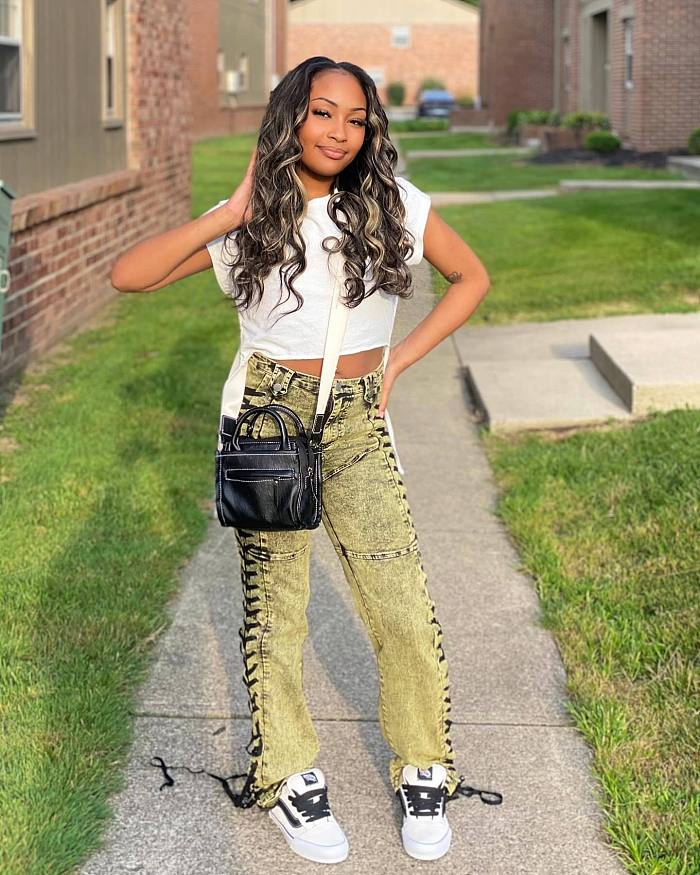 SUPER WHOLESALE |  SUPER WHOLESALE | Side Lace Up Jeans Green
