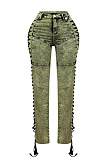 SUPER WHOLESALE |  SUPER WHOLESALE | Side Lace Up Jeans Green