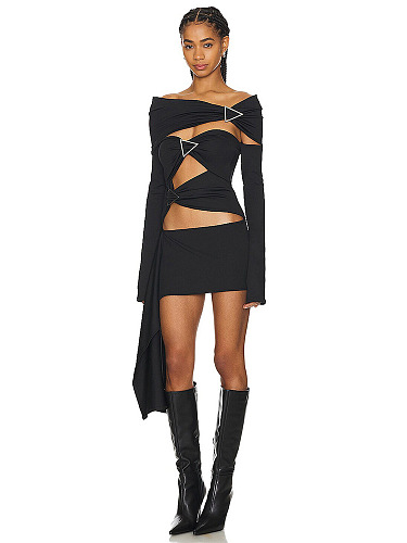 SUPER WHOLESALE | Off-Shoulder Cut-Out Dress with Metal Buckle and Sash – Bodycon Gown