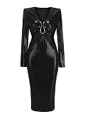 SUPER WHOLESALE | V-Neck Snake Accent Long-Sleeve PU Leather Bodycon Dress – New Autumn/Winter Dress