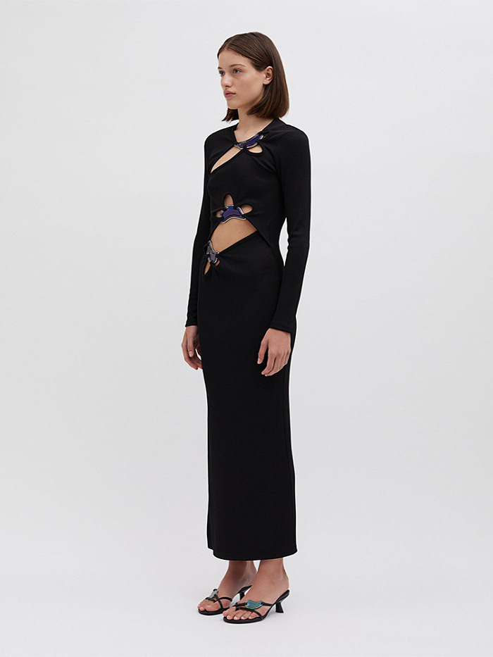 SUPER WHOLESALE | Black Long-Sleeve Cut-Out Dress with Metal Accents – Split Bodycon Dress