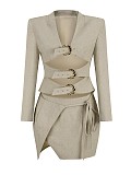 SUPER WHOLESALE |   Hollow-Out Long-Sleeve Top and Asymmetrical Tie Skirt Two-Piece Set
