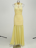 SUPER WHOLESALE | Halter Neck Mesh Panel Dress – Elegant Split Gown