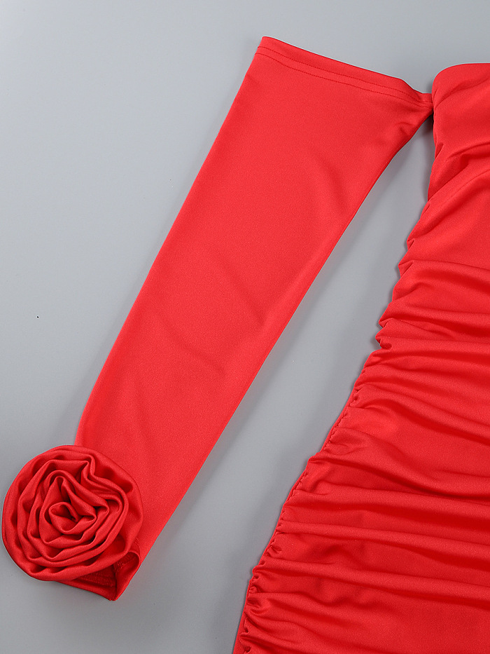 SUPER WHOLESALE | 3D Floral Design Ruched Split Slim-Fit Solid Color Midi Dress