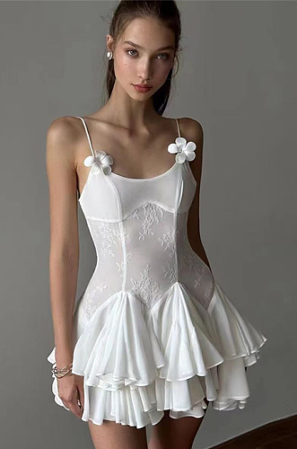 SUPER WHOLESALE |Slim Fit Sexy Sheer Spaghetti Strap Dress – Elegant Ruffle Hem Mini Dress