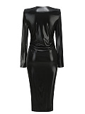SUPER WHOLESALE | V-Neck Snake Accent Long-Sleeve PU Leather Bodycon Dress – New Autumn/Winter Dress