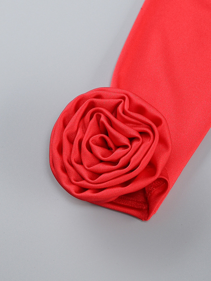SUPER WHOLESALE | 3D Floral Design Ruched Split Slim-Fit Solid Color Midi Dress