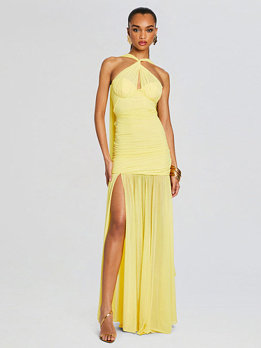 SUPER WHOLESALE | Halter Neck Mesh Panel Dress – Elegant Split Gown