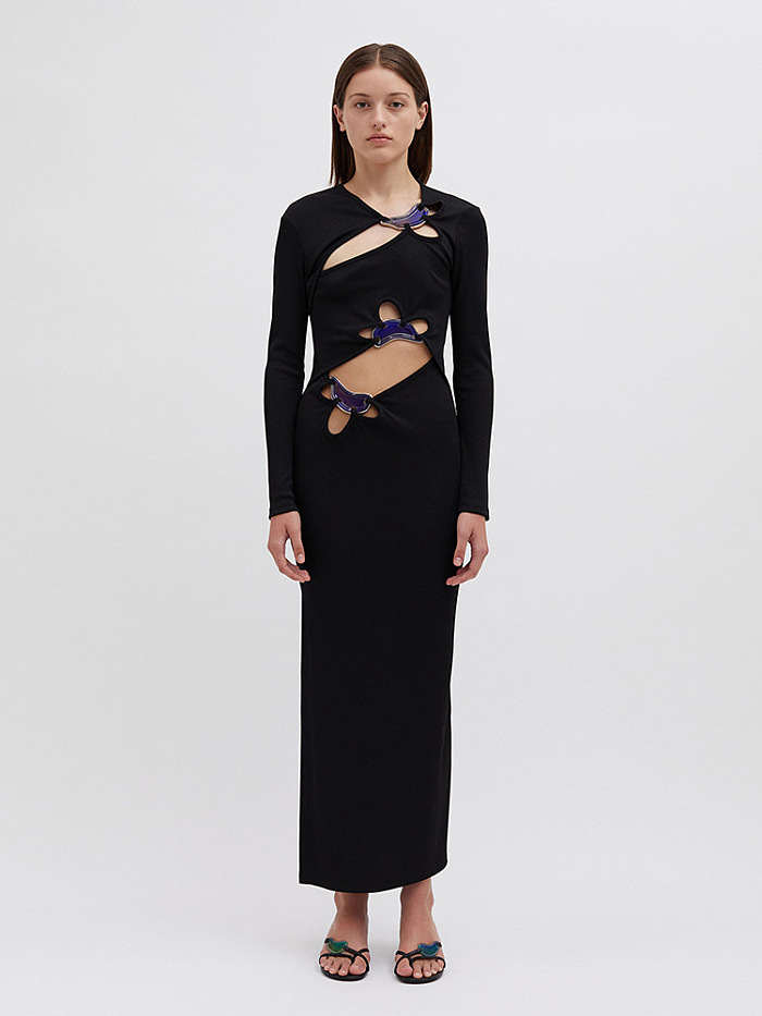 SUPER WHOLESALE | Black Long-Sleeve Cut-Out Dress with Metal Accents – Split Bodycon Dress