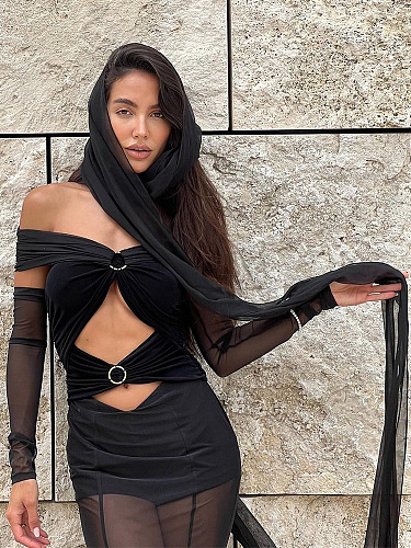 SUPER WHOLESALE | Off-Shoulder Sheer Mesh Long-Sleeve Ruched Dress – Cut-Out Floor-Length Gown