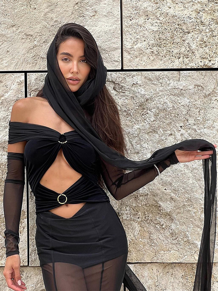 SUPER WHOLESALE | Off-Shoulder Sheer Mesh Long-Sleeve Ruched Dress – Cut-Out Floor-Length Gown