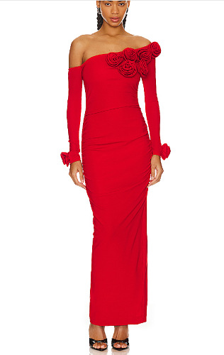 SUPER WHOLESALE | 3D Floral Design Ruched Split Slim-Fit Solid Color Midi Dress