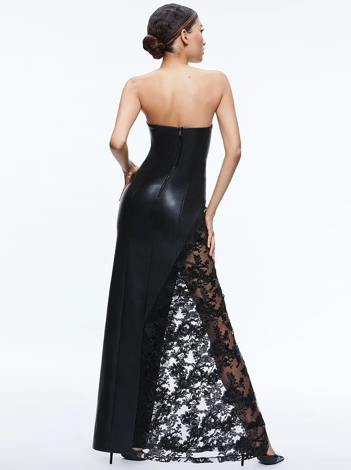 Leather Fashionable Strapless Lace Dress – Slim Fit Sexy Midi Dress