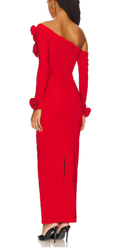 SUPER WHOLESALE | 3D Floral Design Ruched Split Slim-Fit Solid Color Midi Dress