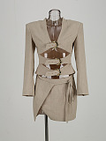 SUPER WHOLESALE |   Hollow-Out Long-Sleeve Top and Asymmetrical Tie Skirt Two-Piece Set