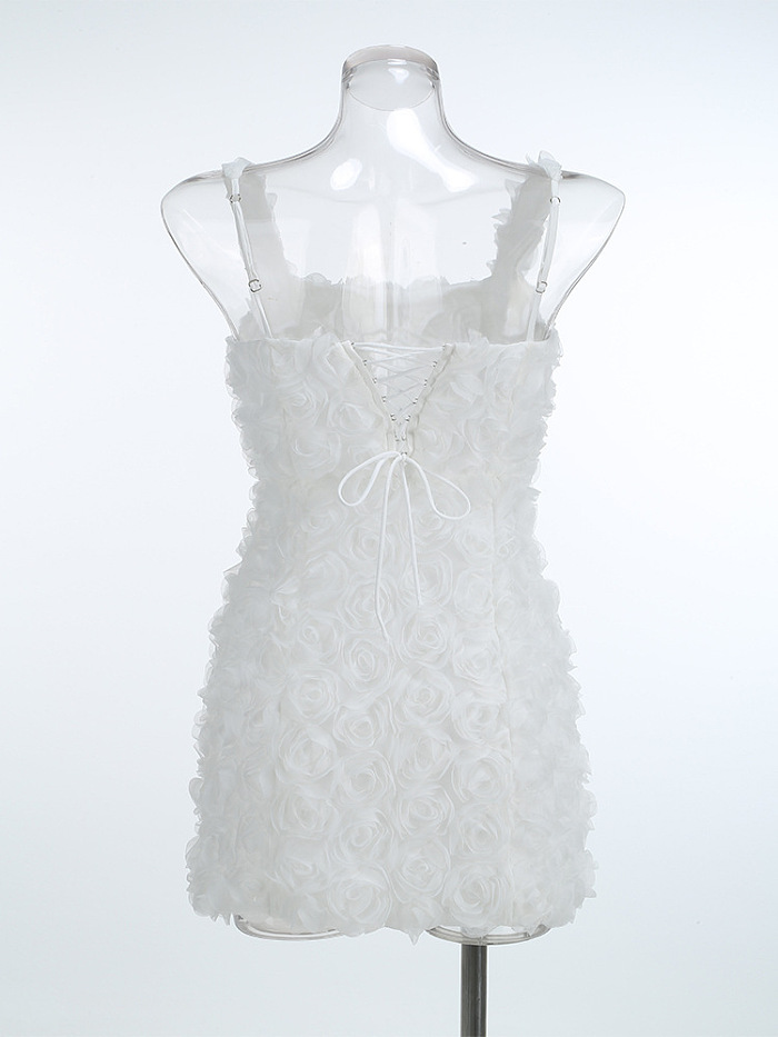 SUPER WHOLESALE | 3D Floral Solid Color Sexy Spaghetti Strap Dress – Backless Mini Dress