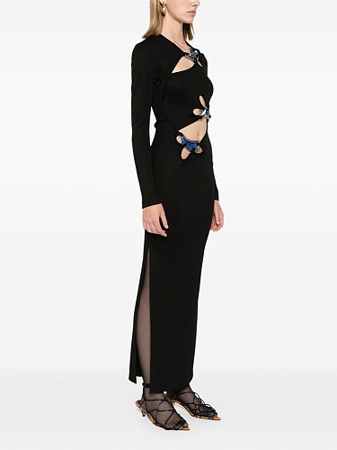SUPER WHOLESALE | Black Long-Sleeve Cut-Out Dress with Metal Accents – Split Bodycon Dress