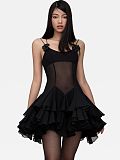 SUPER WHOLESALE |Slim Fit Sexy Sheer Spaghetti Strap Dress – Elegant Ruffle Hem Mini Dress