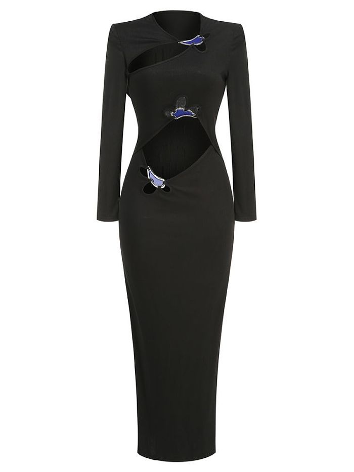 SUPER WHOLESALE | Black Long-Sleeve Cut-Out Dress with Metal Accents – Split Bodycon Dress