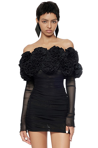 SUPER WHOLESALE | Floral Accent Sexy Strapless Dress with Sheer Mesh Long Sleeves – Bodycon Gown