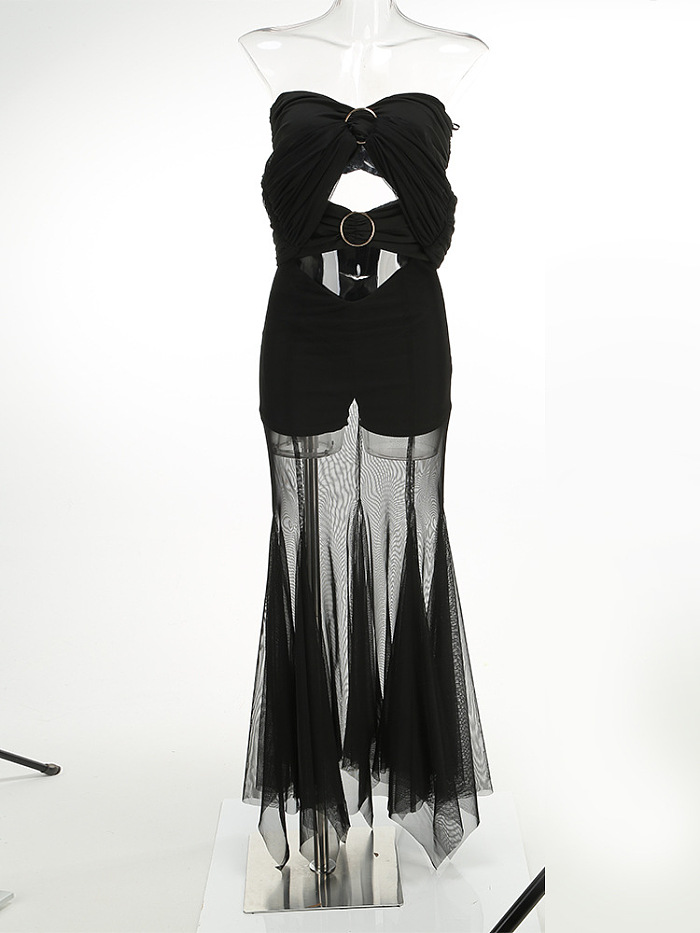 SUPER WHOLESALE | Off-Shoulder Sheer Mesh Long-Sleeve Ruched Dress – Cut-Out Floor-Length Gown