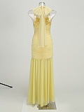 SUPER WHOLESALE | Halter Neck Mesh Panel Dress – Elegant Split Gown