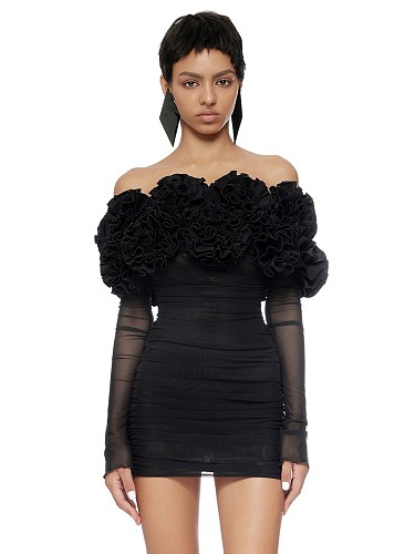 SUPER WHOLESALE | Floral Accent Sexy Strapless Dress with Sheer Mesh Long Sleeves – Bodycon Gown