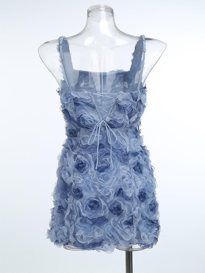 SUPER WHOLESALE | 3D Floral Solid Color Sexy Spaghetti Strap Dress – Backless Mini Dress